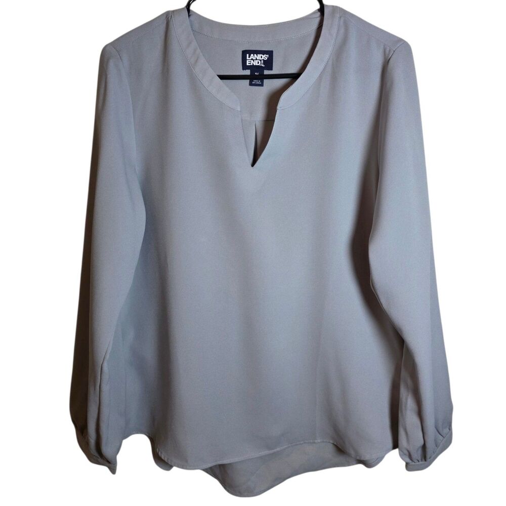 Lands' End Oeko Tex Women's Grey Split Neck Blouse Long Sleeve Crepe Size 14